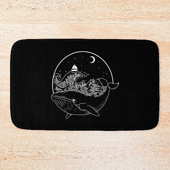 Whale Dolphin in the Ocean at Night and moonlight Bath Mats