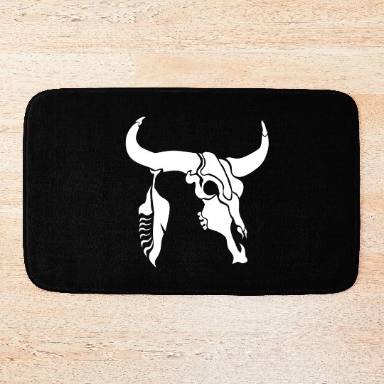 Tribal White Longhorn Bull Skull w White Feather Bath Mats