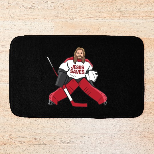 Funny Hockey Jesus Saves Hockey Goalie Bath Mats