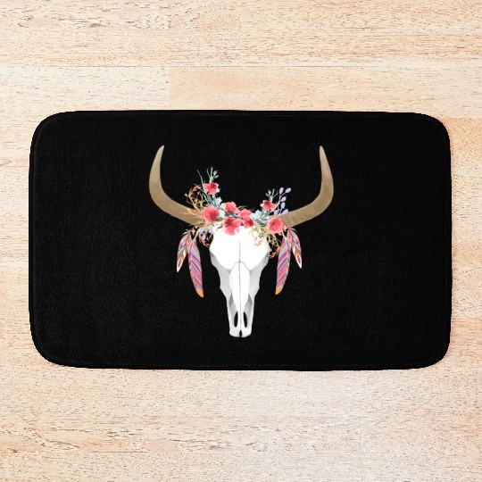 Floral Cow Skull With Feathers Bull Skull Bath Mats