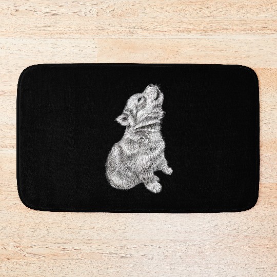 Cute Baby Howling Wolf Cub Sketch Bath Mats