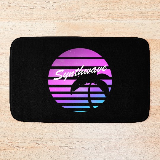 Aesthetic synthwave sunset with palm tree. Bath Mats