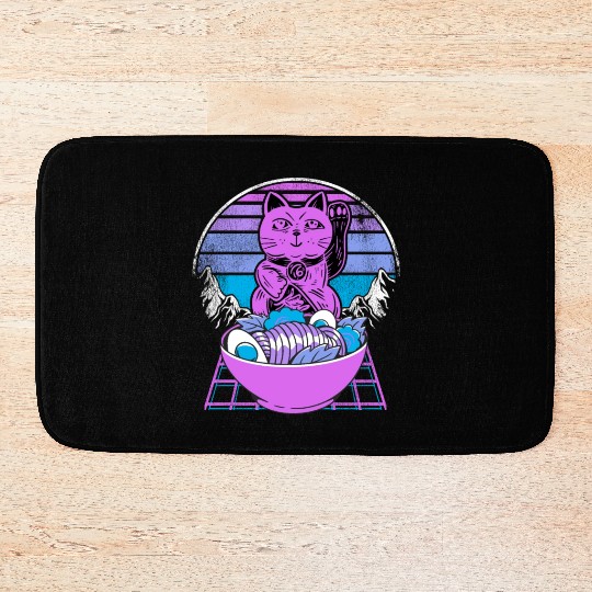 Ramen Maneki Neko Cat Kawaii Retrowave Sunset 80s Bath Mats