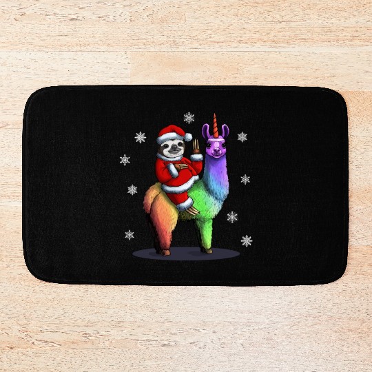 Santa Sloth Riding Llama Unicorn Snowflakes Christ Bath Mats