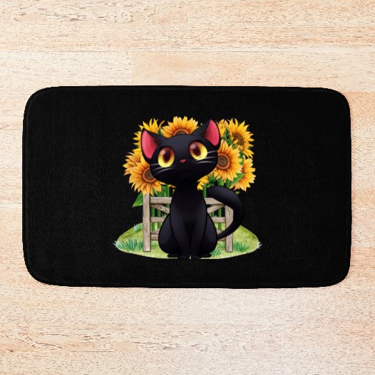 Black Cat With SunFlowers, Gifts For Kitten Lovers Bath Mats