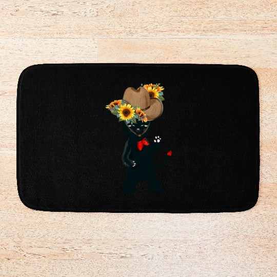 Black Cat With SunFlowers, Gifts For Kitten Lovers Bath Mats