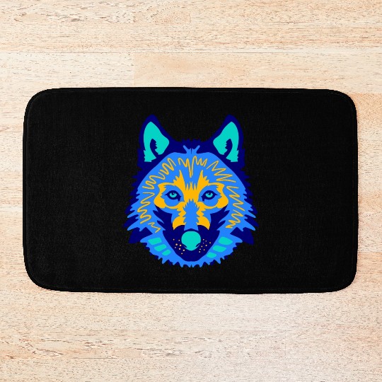 blue wolf face Bath Mats
