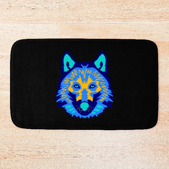blue wolf face Bath Mats