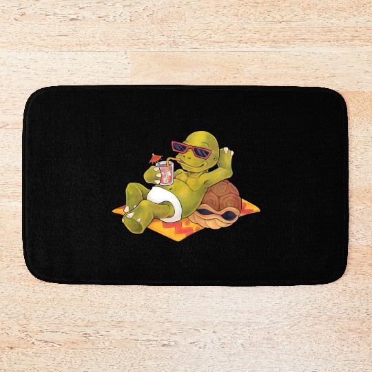 Summer turtle naked on the beach with cocktail Bath Mats