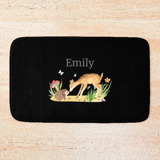 Forest Animal Deer Hedgehog Flowers Name Emily Bath Mats