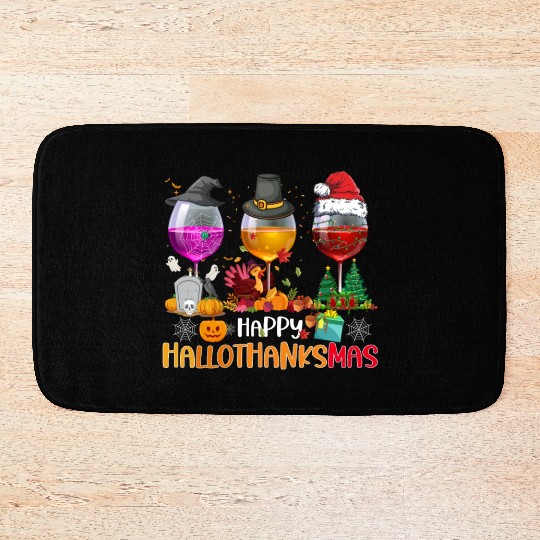 Wine Glasses Witch Santa hat Happy Hallothanksmas Bath Mats