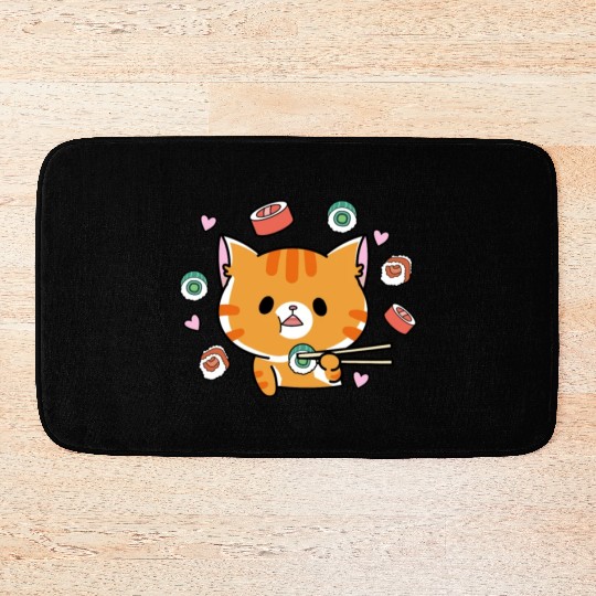 Kawaii Cat Eating Sushi Japanese Raw Food Bath Mats