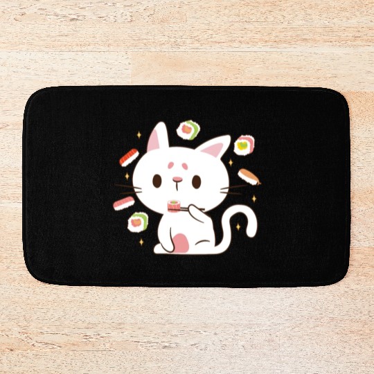 Kawaii Cat Eating Sushi Japanese Raw Food Bath Mats