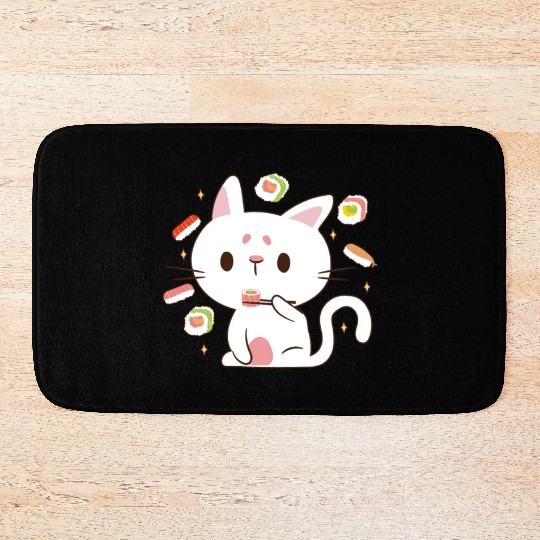 Kawaii Cat Eating Sushi Japanese Raw Food Bath Mats