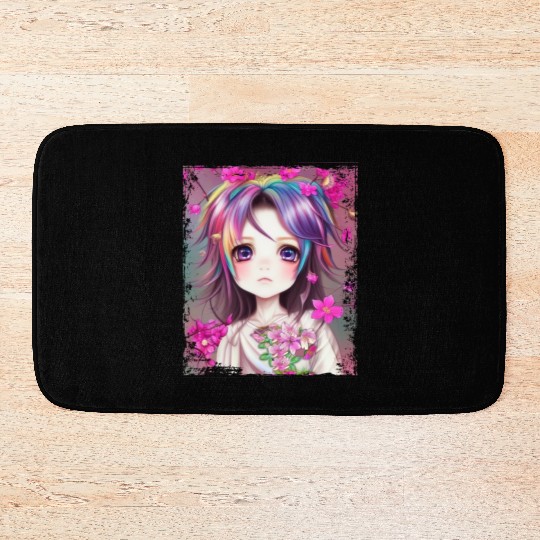 Anime Kawaii Chibi Girl Flowers Blossoms Gift Bath Mats