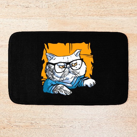 Stylish Nerd Persian Cat Beanie Glasses Tattoo Bath Mats