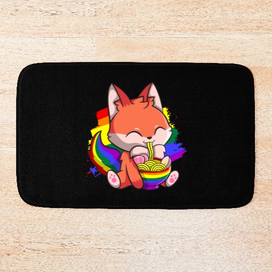Gay Pride Kawaii Fox Ramen Noodles Rainbow Flag Bath Mats