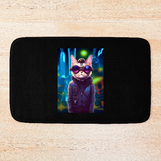 Techno Cat In Japan Neon City Bath Mats