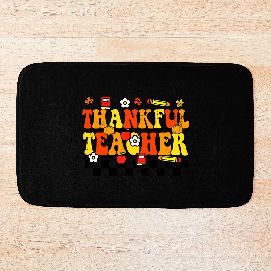 Thankful Teacher Retro Groovy Thanksgiving Fall Bath Mats