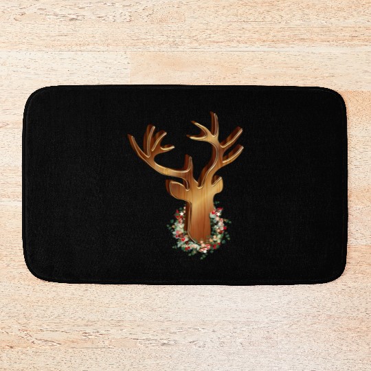 Deer head in wood look with Christmas wreath Bath Mats