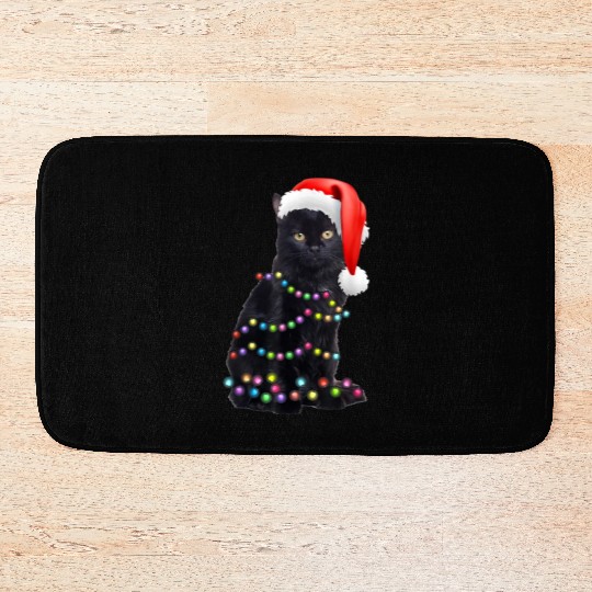 Black Cat Christmas Light Funny Cat Love Christmas Bath Mats
