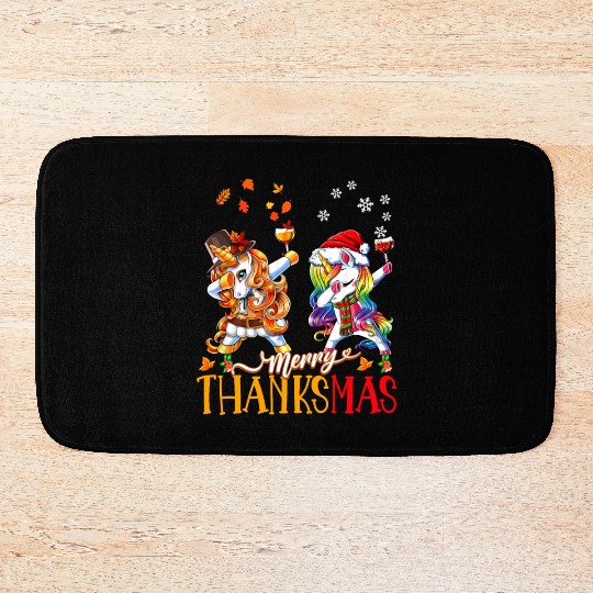 Merry Thanksmas funny unicorn Thanksgiving xmas Bath Mats