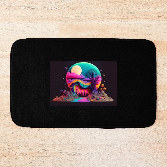 Spooky Full Moon Psychedelic Landscape Paint Drips Bath Mats