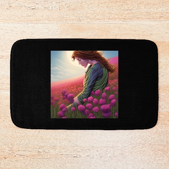 A woman among pink flowers Bath Mats