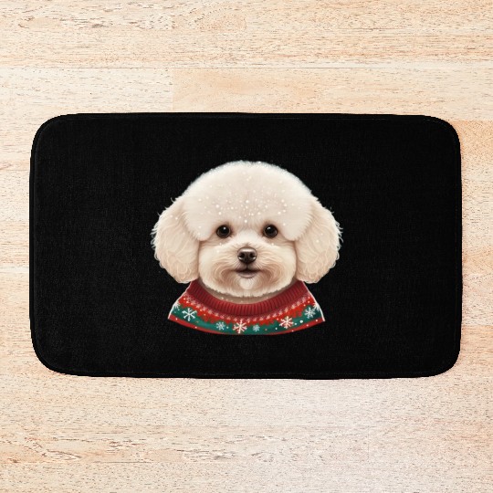 Festive Bichon Frise in a Christmas Sweater Bath Mats