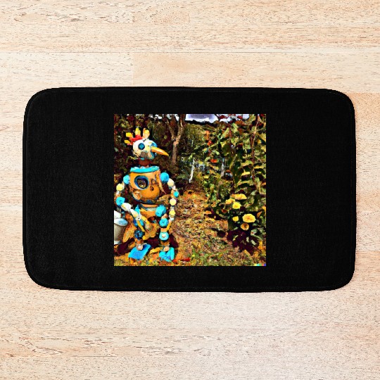 a robot chicken in the garden van gogh style Bath Mats