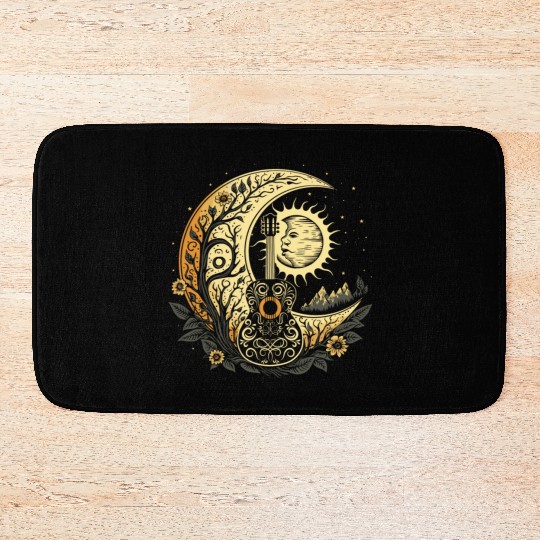 Cottagecore Acoustic Guitar With Moon, Sun, Stars Bath Mats