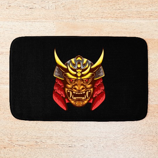 Japanese samurai warrior devil yellow and red mask Bath Mats