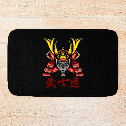 Japanese samurai warrior yellow horn mask Bath Mats