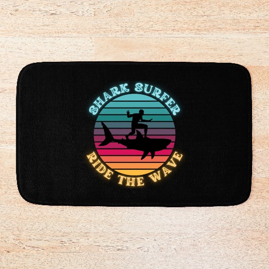 Shark Surfer Ride the Wave Rainbow Sunset Neon Bath Mats