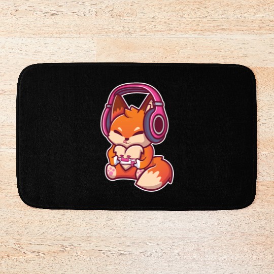 Cute Fox with Headphones Playing Video games Gamer Bath Mats