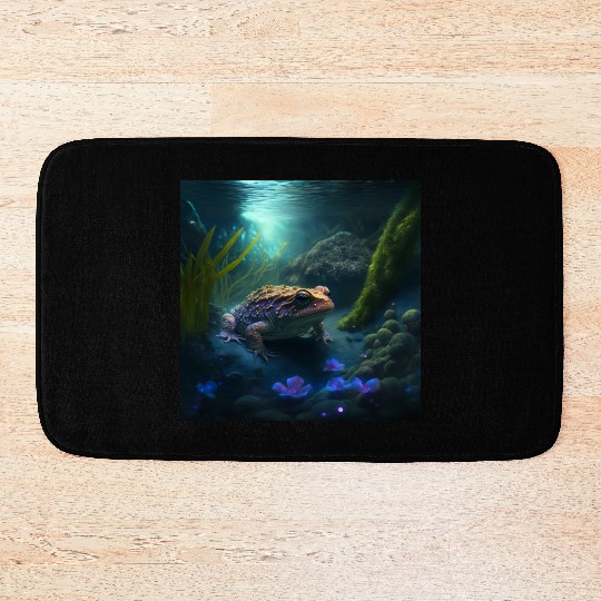 A toad in a creek the toad has blue glowing eyes Bath Mats