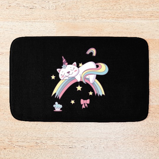 Unicorn Kawaii Cat Cartoon Over Rainbow Bath Mats
