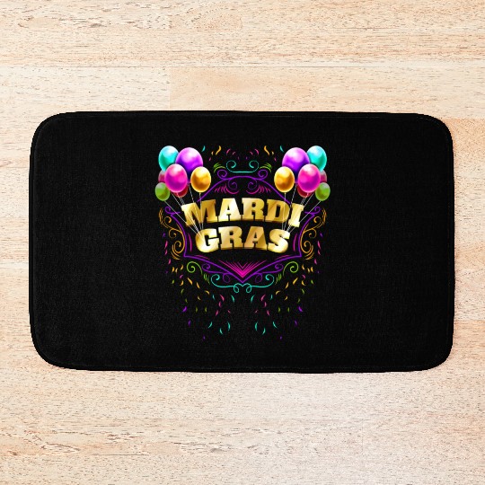Ballons And Yellow Golden Lettering For Mardi Gras Bath Mats