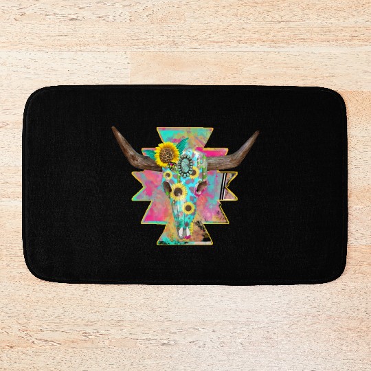 Colorful Floral Bull Skull Bath Mats