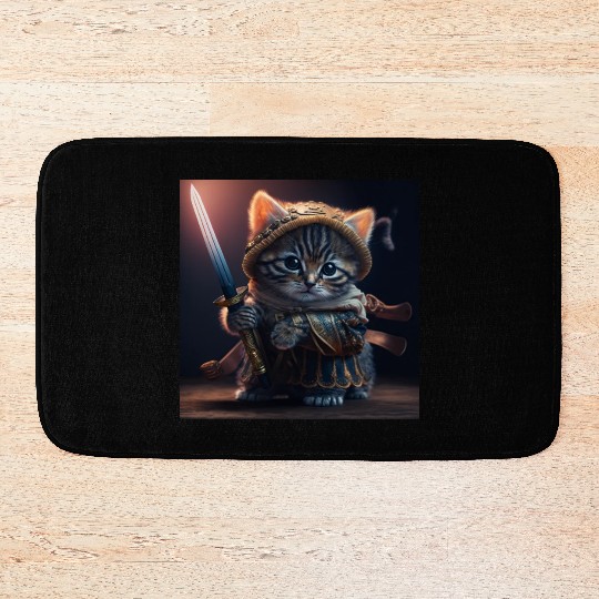 Cat as a warrior holding a sword Bath Mats