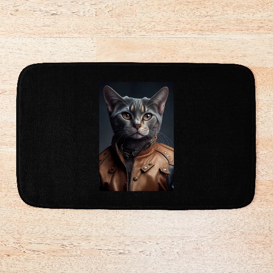 Chartreux wears a leather jacket Cat Breed Portrai Bath Mats