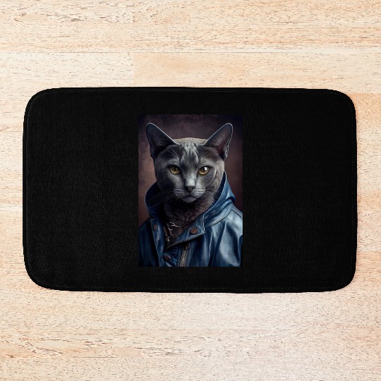 Russian Blue Cat Breed Portrait wears a leather j Bath Mats