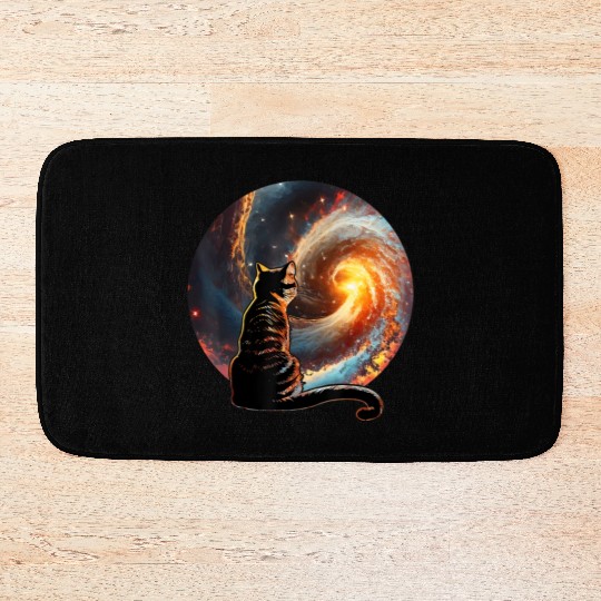 Cat Staring at a Galaxy Cat Dad Cat Lover Bath Mats