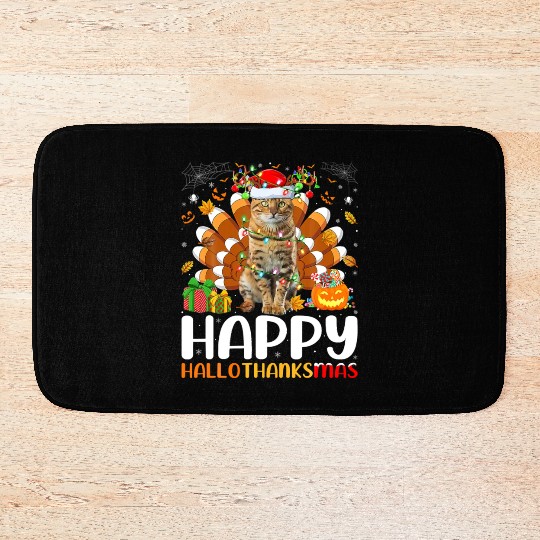 Cat Lover Halloween Christmas Happy Hallothanksmas Bath Mats