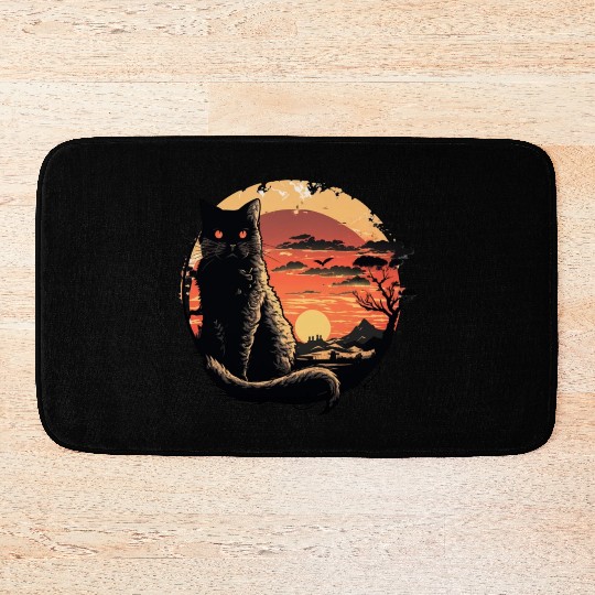 Catzilla Vintage Funny Cute black Cat Art Japanese Bath Mats
