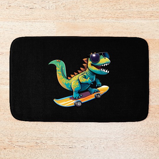 Cute Dinosaur with sunglasses skating skateboard Bath Mats