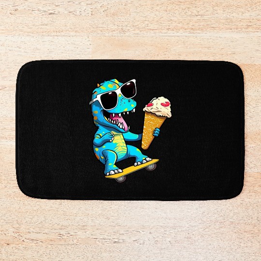 Cute Dinosaur skating skateboard eating ice cream Bath Mats