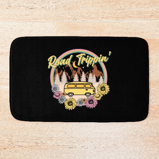 Retro Groovy Road Trip Bath Mats with Van Flowers