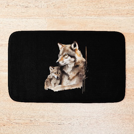 Mother Wolf with Baby Watercolor Bath Mats