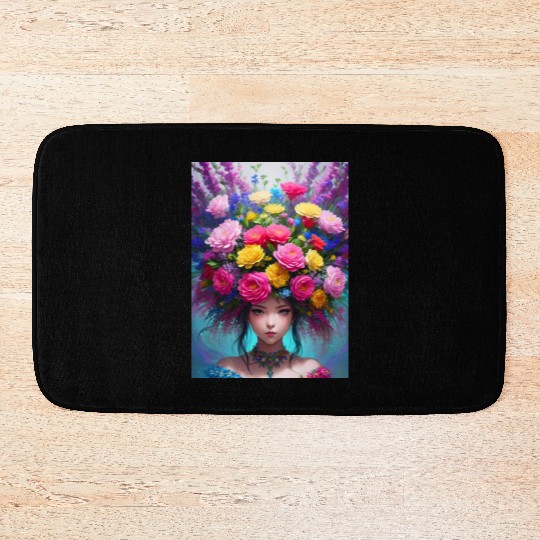 Spring Girl with a bouqet of flowers garland #24 Bath Mats
